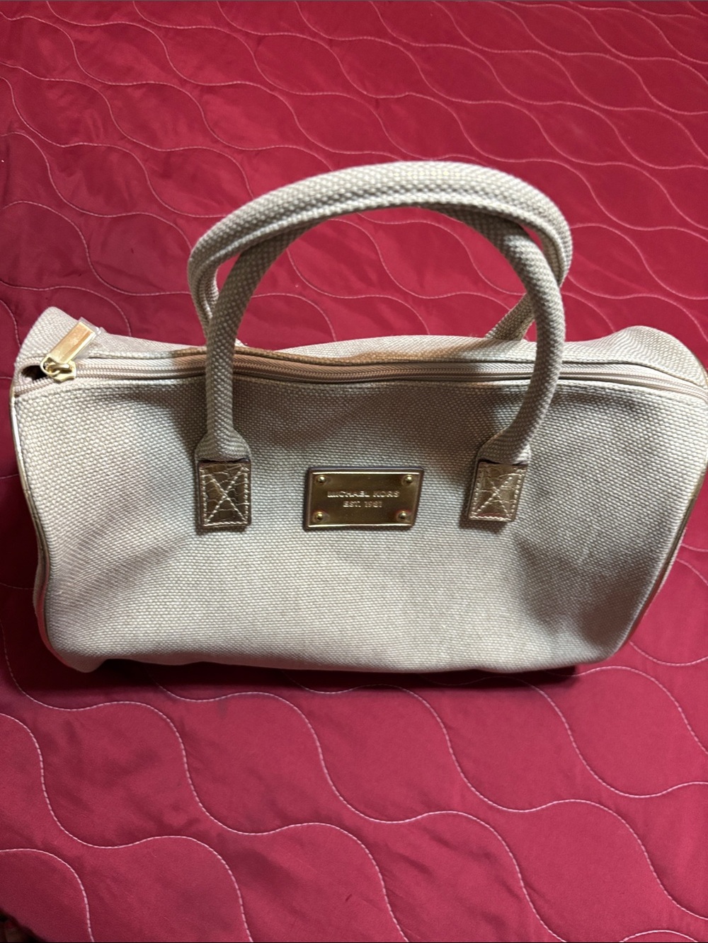 Michael Kors Cream Canvas Mini Satchel with Gold Plaque